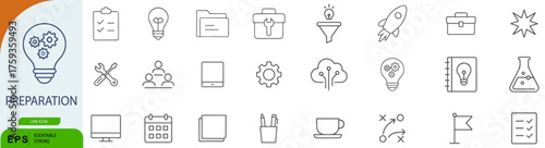 Preparation Icon Set – 25 Line Style Symbols for Planning, Strategy, and Creative Readiness