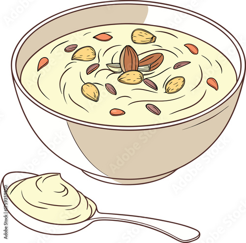 A bowl of kheer with almonds and a spoon
