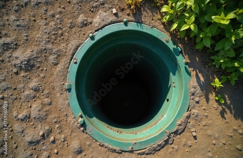 Wallpaper Mural Rural septic tank manhole is open and unsecured. Green cover surrounds a deep dark hole in dirt ground. Danger warning sign for unattended access point. Torontodigital.ca