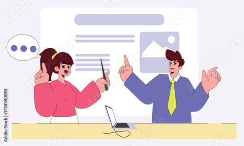 Two colleagues are discussing ideas during a business presentation