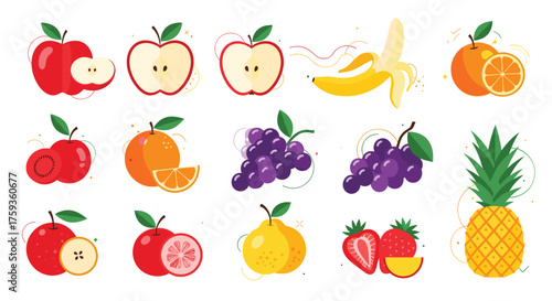 A vibrant collection of fresh and colorful fruits including apples oranges grapes bananas pineapple strawberries and guava.