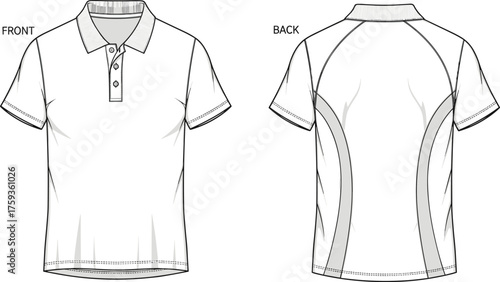 Short sleeve polo shirt, front and back view, technical flat sketch, fashion design, apparel template, garment construction, clothing illustration, vector drawing