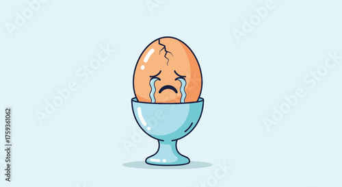 A cracked and crying egg sits sadly in a light blue egg cup on a pale blue background.