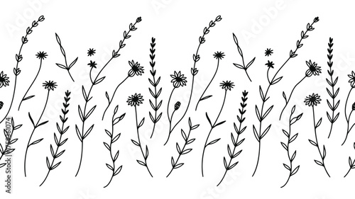 Doodle style floral border with flowers and leaves in black and white simple line art illustration silhouette
