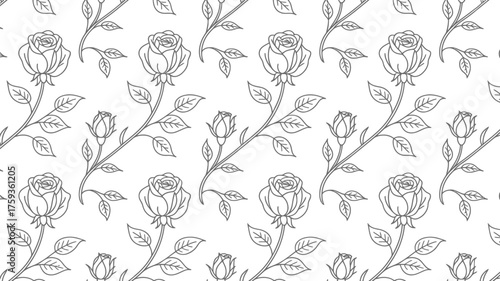 Seamless pattern of roses and buds with leaves in outline style on a white background repetitively placed silhouette