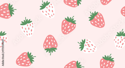 A delightful pattern of red and white strawberries on a soft pink background.