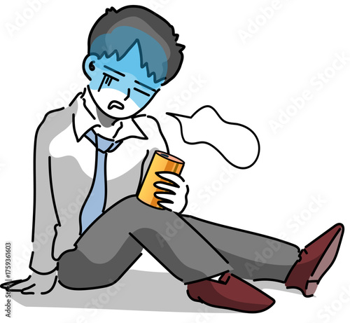 二日酔いで顔面蒼白グロッキーになる若い会社員のベクターイラスト