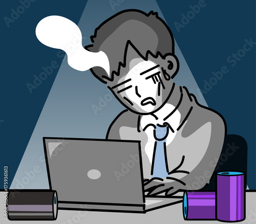深夜残業で無気力になるブラック企業の新人社員のベクターイラスト