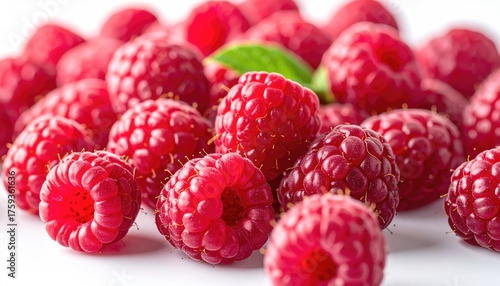 Macro Close up of Vibrant Red Raspberries with Green Mint Leaf in Soft Natural Light
