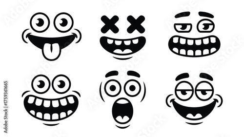 A collection of six cartoon faces with different expressions in black and white vector design style silhouette