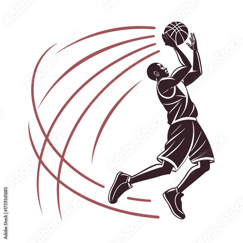 Dynamic basketball player silhouette executing a powerful dunk capturing the essence of athletic energy and fast paced movement in a clean modern flat vector design