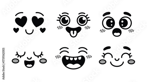 A collection of six cartoon faces with different expressions in black and white line drawing style silhouette