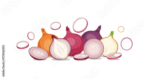 A colorful assortment of whole and sliced onions in various shades of yellow red and white.
