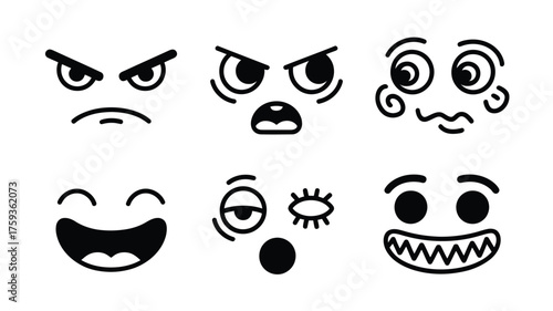 Collection of six cartoon faces showing different emotions in black and white illustration style silhouette