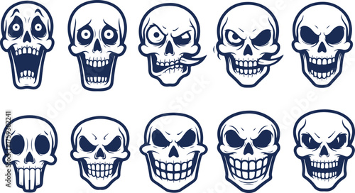 Vector art of collection of ten different skull illustrations with various facial expressions