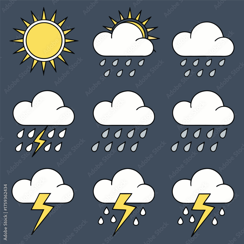 Obraz premium Minimal Weather Icons Set,Sun, Rain, Cloud, Thunderstorm Vector Illustration