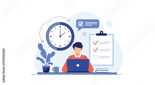 A person working on their laptop at a desk with a clock and checklist.
