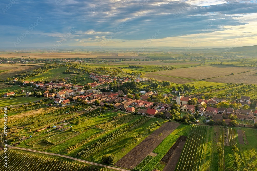 Naklejka premium Autumn aerial view of Havraníky wine village in the Znojmo region, Podyjí National Park, South Moravia, Czech Republic