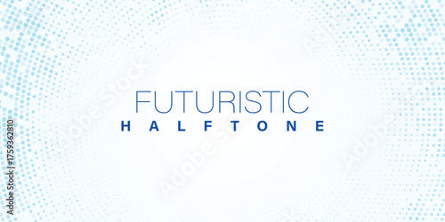 Light blue radial halftone background with concentric circle pattern fading to center, highlighted text FUTURISTIC HALFTONE, clean geometric design in soft white and cyan tones for technology, health