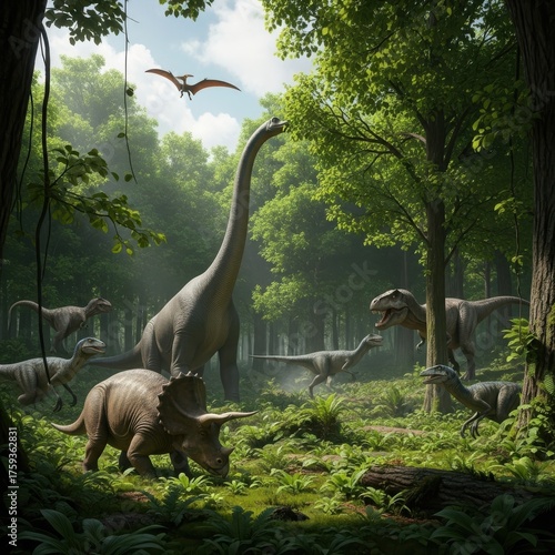 Wallpaper Mural Magnificent Dinosaurs Roaming Through a Lush Prehistoric Forest Scene Torontodigital.ca