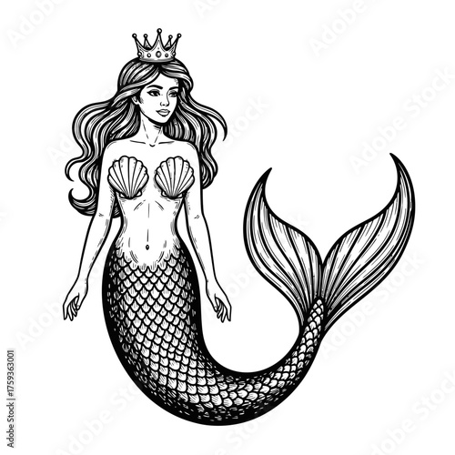Elegant Mermaid with Royal Crown and Shell Bra Engraving Illustration