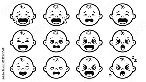 A collection of twelve baby face icons showing different emotions in black and white outline style silhouette
