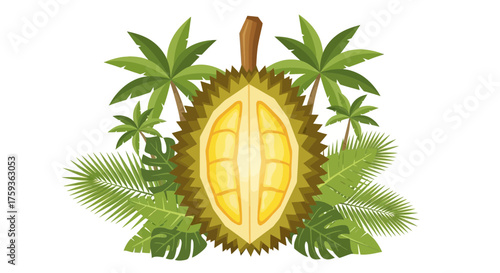 Exotic durian fruit in tropical paradise, a taste of adventure with lush palm trees and leaves, perfect for summer vibes and foodie adventures