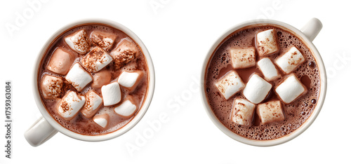 Hot Chocolate with Marshmallows in White Mug, Top View isolated on a transparent background