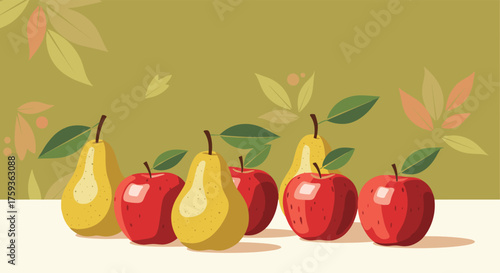 A still life composition featuring several ripe red apples and yellow pears arranged on a surface with a subtle leafy background.