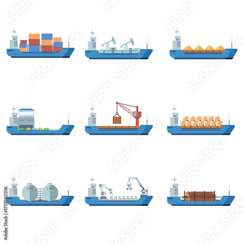 A collection of various detailed cargo ships and freight vessels, including container ships, bulk carriers, and tankers, illustrating global maritime transportation and logistics