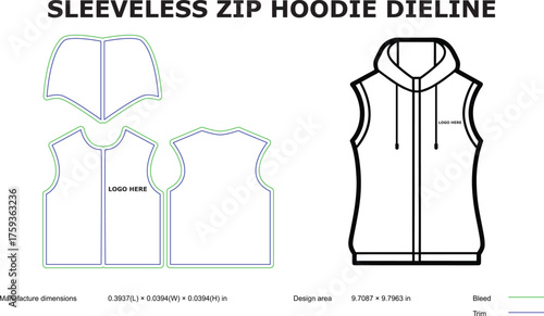 Sleeveless Zip Hoodie Dieline | Printable Cut & Sew Pattern Template for Custom Streetwear Design