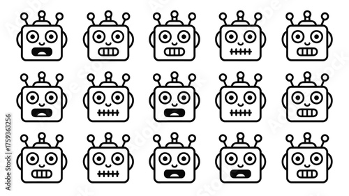 Fifteen cartoon robot heads with different expressions arranged in a grid pattern on white silhouette