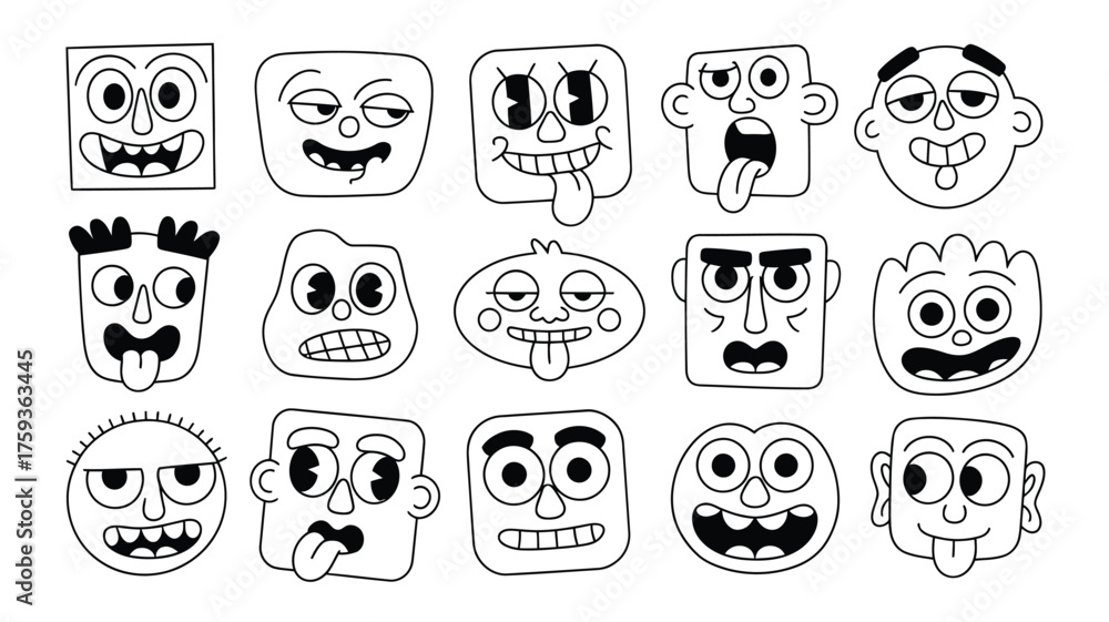 Obraz premium A collection of cartoon faces with various expressions in black and white line art style illustration silhouette
