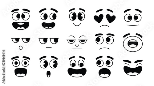 Collection of cartoon faces showing various expressions in a black and white illustration silhouette