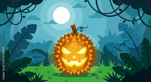 Spooky durian pumpkin glows in jungle moonlight, a unique Halloween twist, perfect for festive designs and adding a touch of exotic fright!