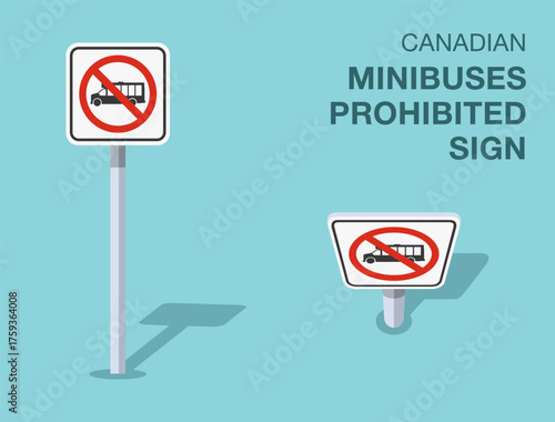 Traffic regulation rules. Isolated canadian "minibuses prohibited" road sign. Front and top view. Flat vector illustration template.