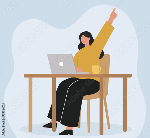 A woman at a desk with a laptop raises her hand in success. This flat vector shows achievement, a good idea, or business victory