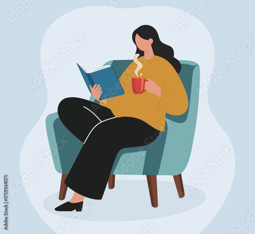 A woman relaxes in an armchair, enjoying a good book and a warm drink. This flat vector illustration evokes feelings of comfort, leisure, and quiet time