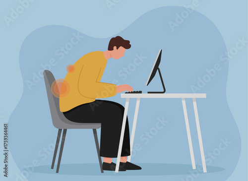 A man with poor posture sits at a computer, experiencing back pain from slouching. This illustrates office syndrome and the health risks of sedentary work