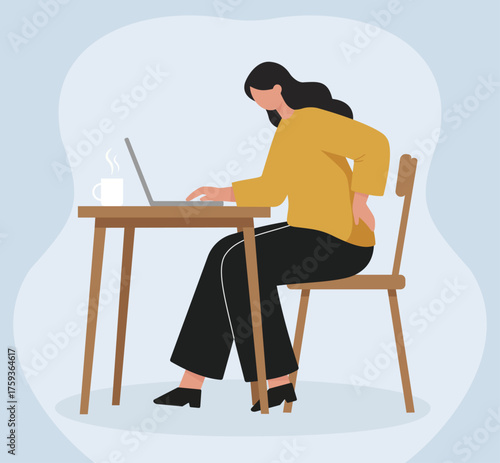 A woman experiences back pain while working at her desk, illustrating the health issues associated with a sedentary office lifestyle and poor posture