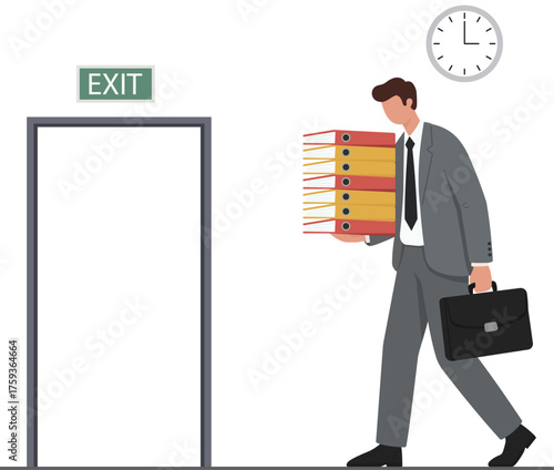 An overworked businessman leaves the office late, carrying a heavy workload. This flat vector illustration depicts job stress, burnout, and quitting