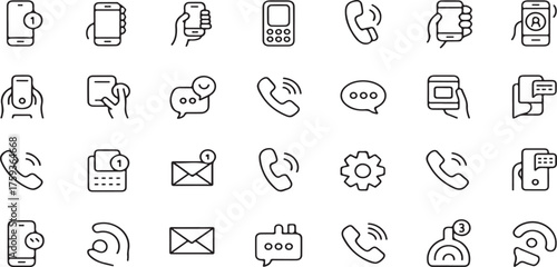 Communication, mobile phone, smartphone, cellphone, calling, phone call, message, chat, SMS, email, envelope, contact, dial, incoming call, outgoing call, missed call vector illustration icon 