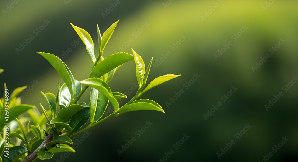 Obraz premium Fresh green tea leaves close-up shot with blurred background representing natural wellness and healthy lifestyle