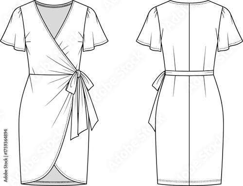 Wrap dress technical flat sketch, front and back view, V-neck, flutter sleeves, waist tie, elegant silhouette, cad drawing flat vector illustration