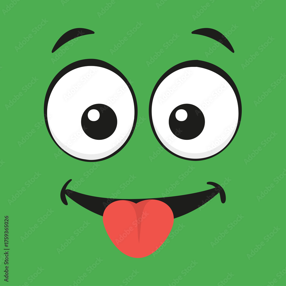 Obraz premium Funny Cartoon Face Green Square with Big Eyes Tongue Out and Smiling Mouth on Transparent Background Digital Art