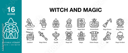 Witch and Magic icon set. Includes witch, magic, wizard, witchcraft, sorcery, spell and More. Editable Stroke Icon Collection.