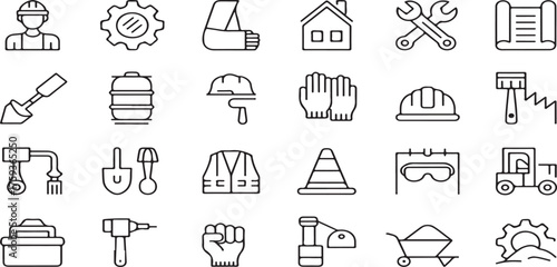 construction, worker, industrial, icon, set, line, outline, vector, tools, safety, gear, building, equipment, hard hat, gear, house, wrench, shovel, barrel, brick, gloves, drill, shovel, pick, jacket,