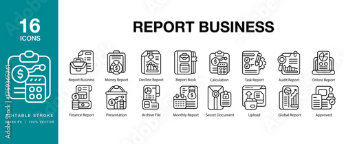Report Business icon set. Includes report, business, corporate, annual, quarterly, summary and More. Editable Stroke Icon Collection.