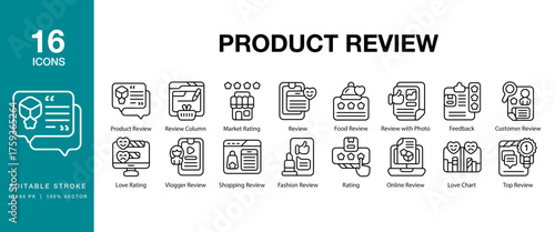 Product Review icon set. Includes product, review, rating, feedback, testimonial, unboxing and More. Editable Stroke Icon Collection.