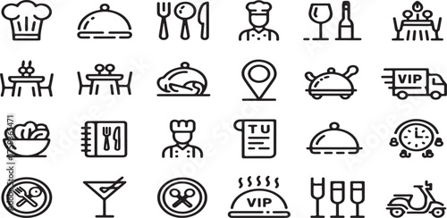  Restaurant, Dining, and Food Service Line Icons Set: Chef, Table, Menu, Location & Drink Symbols vectori llustration icon design 